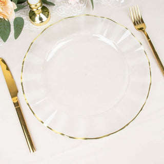 Elegant Clear Disposable Dinner Plates with a Touch of Gold Elegant Clear Disposable Dinner Plates with a Touch of Gold