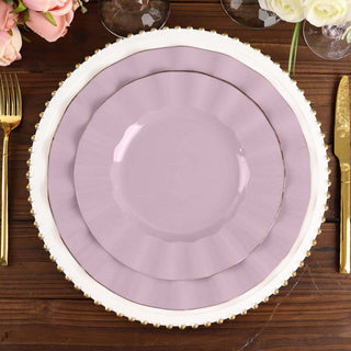 Elegant Lavender Lilac Disposable Dinner Plates with Gold Ruffled Rim Elegant Lavender Lilac Disposable Dinner Plates with Gold Ruffled Rim