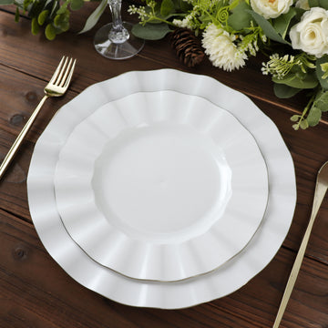 10 Pack 11" White Disposable Dinner Plates With Gold Ruffled Rim, Round Plastic Party Plates