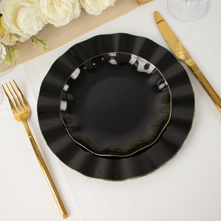 Perfect for Any Occasion - Black Heavy Duty Disposable Salad Plates with Gold Ruffled Rim