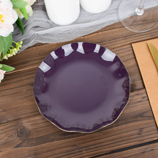 6" Purple Heavy Duty Disposable Salad Plates with Gold Ruffled Rim