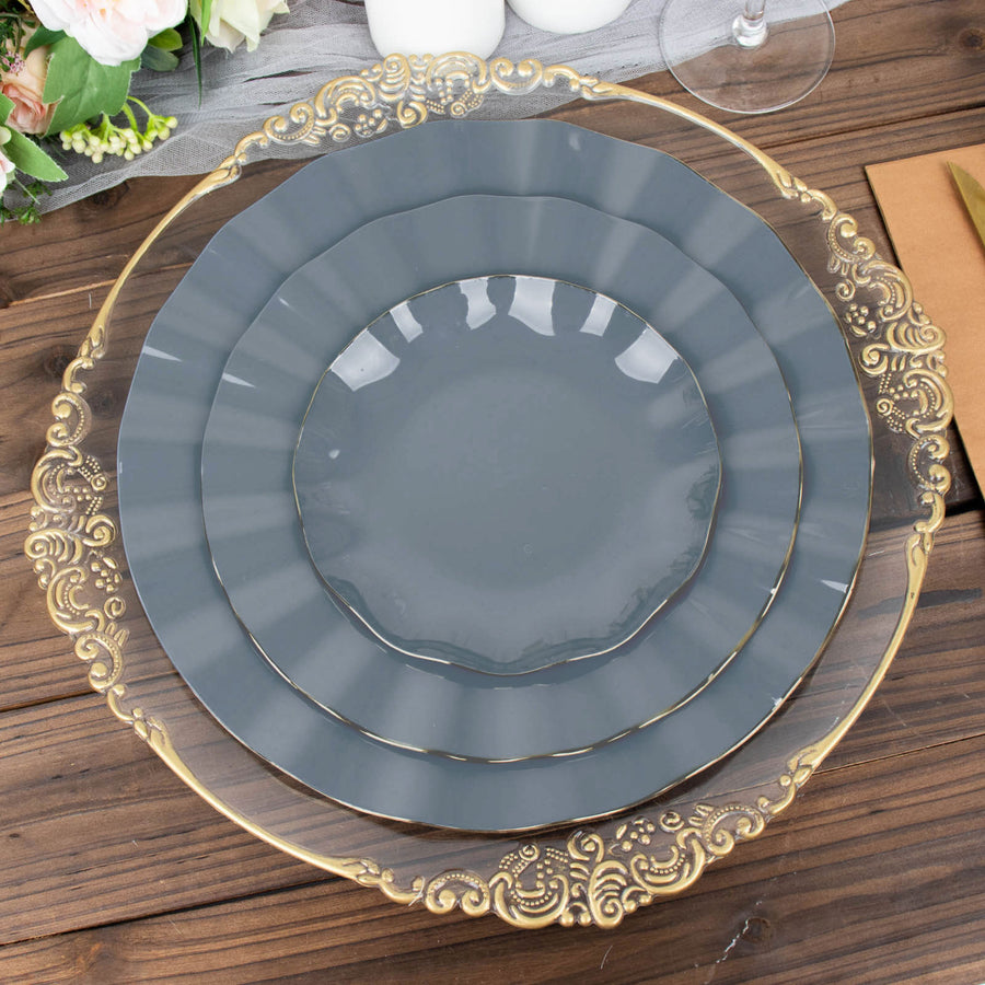 10 Pack | 6inch Dusty Blue Heavy Duty Disposable Salad Plates with Gold Ruffled Rim, Heavy Duty