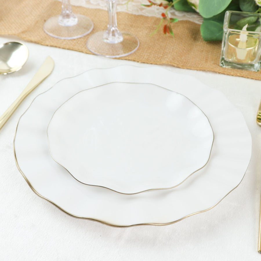 10 Pack | White 6inch Round Plastic Dessert Plates, Disposable Tableware with Gold Wavy Rim