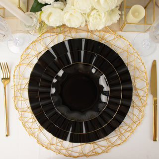 Black Heavy Duty Disposable Dinner Plates with Gold Ruffled Rim