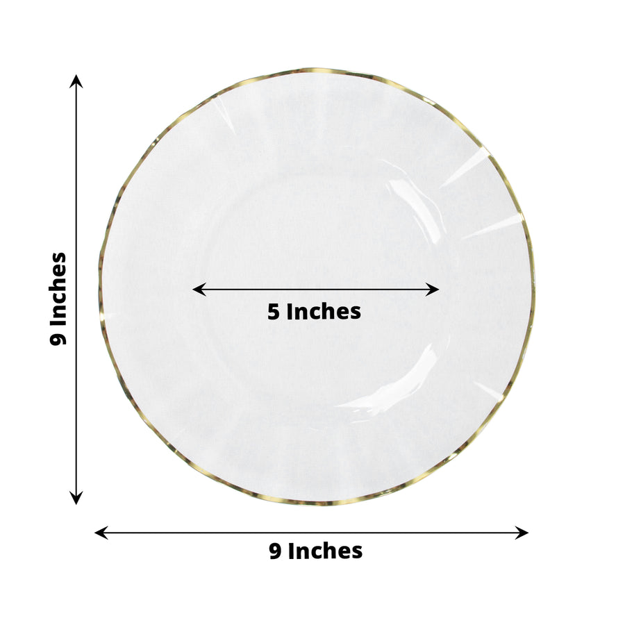 10 Pack | 9inch Clear Heavy Duty Disposable Dinner Plates with Gold Ruffled Rim Dinnerware