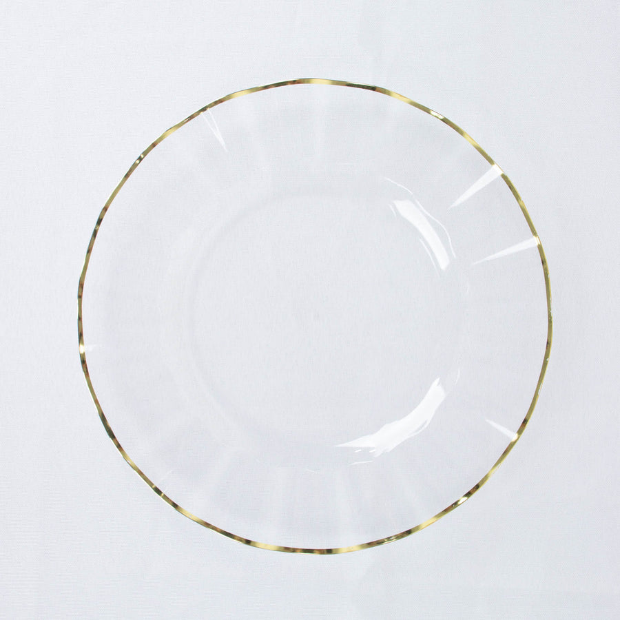 10 Pack | 9inch Clear Heavy Duty Disposable Dinner Plates with Gold Ruffled Rim Dinnerware