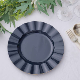 Navy blue decorative plate with scalloped edges