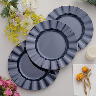 Set of three elegant dark navy plates with scalloped edges.