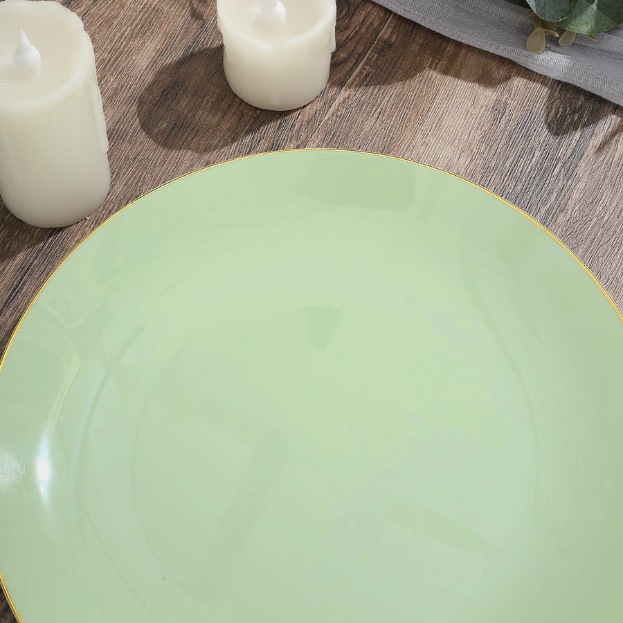 10 Pack | 10inch Glossy Sage Green Round Disposable Dinner Plates With Gold Rim