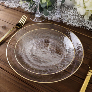 Create an Unforgettable Dining Experience with Clear Hammered 9" Round Plastic Dinner Plates With Gold Rim Create an Unforgettable Dining Experience with Clear Hammered 9" Round Plastic Dinner Plates With Gold Rim