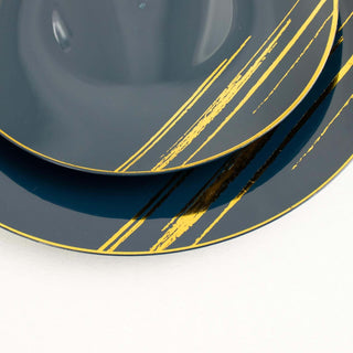 Elegant dark blue plates with gold stripes, showcasing modern design elements.