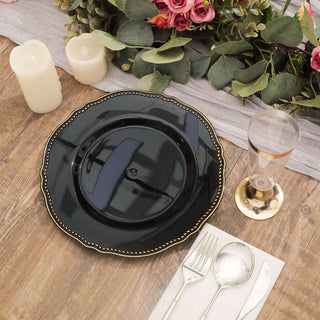 Elegant black plate with gold accents, styled on a rustic wooden table.