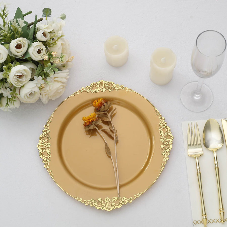 10 Pack | 10inch Gold Leaf Embossed Baroque Plastic Dinner Plates, Vintage Round Dinner Plates