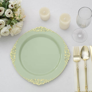 Sage Green Plastic Party Plates with Gold Leaf Embossed Baroque Rim