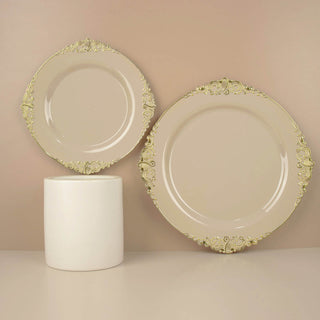 Elegant Taupe Plastic Party Plates with Gold Leaf Embossed Baroque Rim