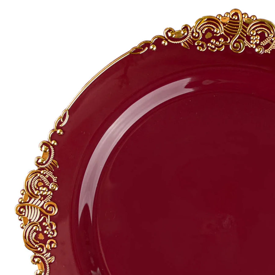 10 Pack 8inch Burgundy Plastic Salad Plates With Gold Leaf Embossed Baroque Rim, Round#whtbkgd