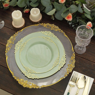 Elegant three-piece dinnerware set with ornate gold detailing and mint green plates.