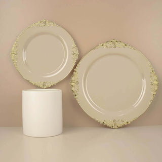 Elegant decorative plates with gold trim on a neutral background.
