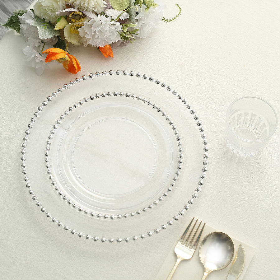 10 Pack | 10inch Clear / Silver Beaded Rim Disposable Dinner Plates