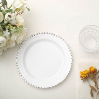 10 Pack | 8" White / Silver Beaded Rim Disposable Salad Plates
