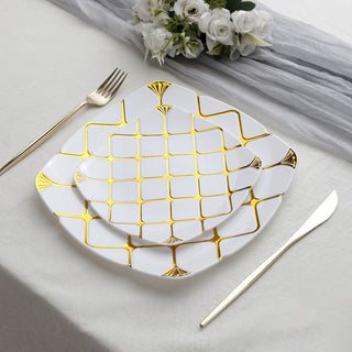 Elevate Your Table Decor with White/Gold 10" Plastic Square Geometric Dinner Plates