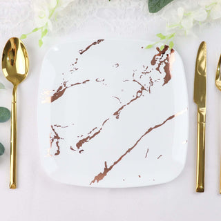 Elegant White and Rose Gold Marble Square Plastic Salad Plates Elegant White and Rose Gold Marble Square Plastic Salad Plates