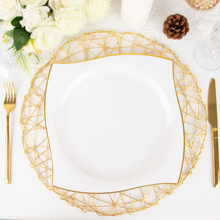 Elegant White/Gold Wavy Rim Square Disposable Dinner Plates