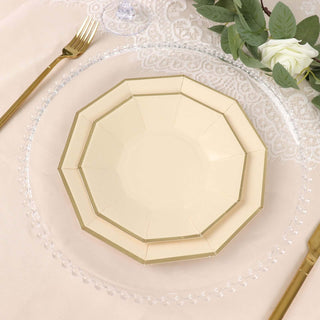 Gold-trimmed octagonal plate on a lace table setting.