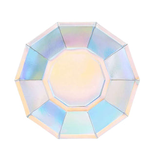 Iridescent octagonal plate on a plain background