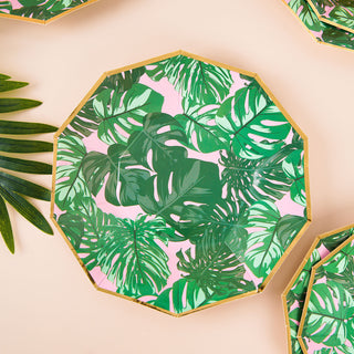 Tropical Palm Leaf 9" Dinner Paper Plates - Vibrant Pink/Green with Gold Rim