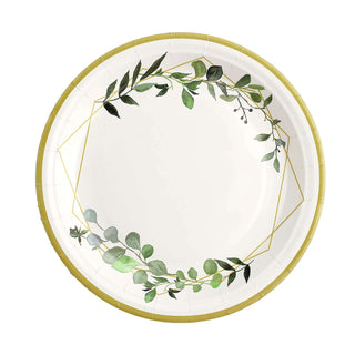 Decorative paper plate with green leaf design and gold geometric border.