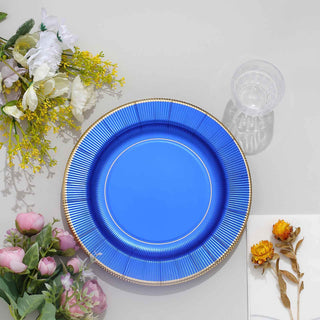 Add Elegance to Your Event with Royal Blue Sunray Gold Rimmed Serving Dinner Paper Plates Add Elegance to Your Event with Royal Blue Sunray Gold Rimmed Serving Dinner Paper Plates