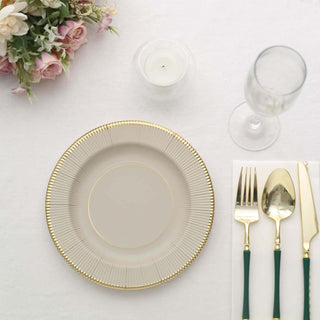 Elegant Taupe Gold Rim Sunray Disposable Dessert Plates Elegant Taupe Gold Rim Sunray Disposable Dessert Plates
