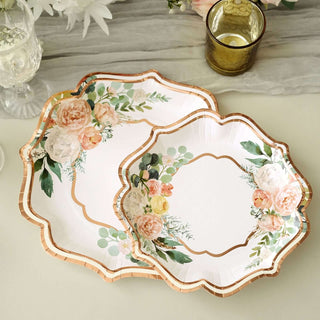 Floral paper plates in two sizes with gold accents and elegant design.