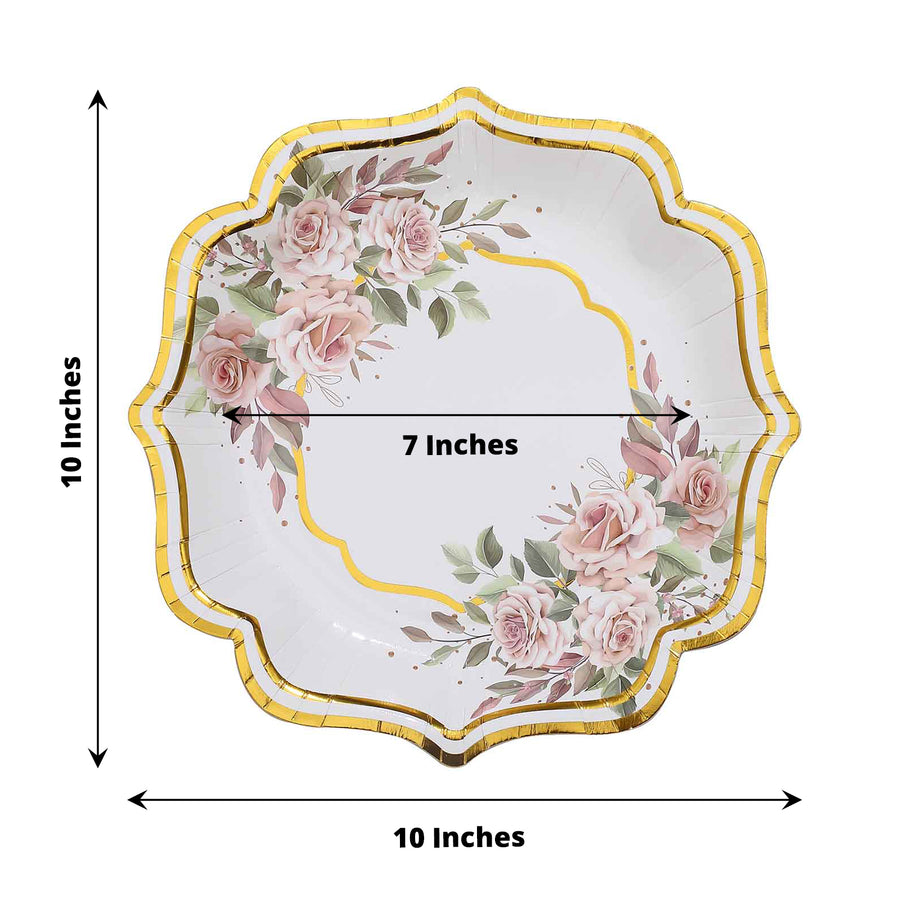 25 Pack | 10inch White / Gold Floral Scallop Rim Dinner Paper Plates, Disposable Party Plates