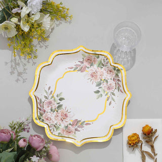 White / Gold Floral Scallop Rim Dinner Paper Plates