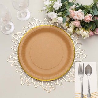 Elegant and Eco-Friendly: Round Natural Brown Paper Dinner Plates with Gold Lined Rim Elegant and Eco-Friendly: Round Natural Brown Paper Dinner Plates with Gold Lined Rim
