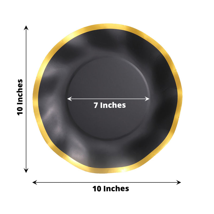 25 Pack | 10inch Matte Black / Gold Wavy Rim Disposable Dinner Plates, Round Paper Party Plates