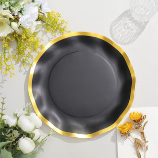 Elegant and Stylish Matte Black / Gold Wavy Rim Disposable Dinner Plates