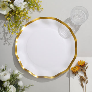 Elegant Matte White / Gold Wavy Rim Disposable Dinner Plates