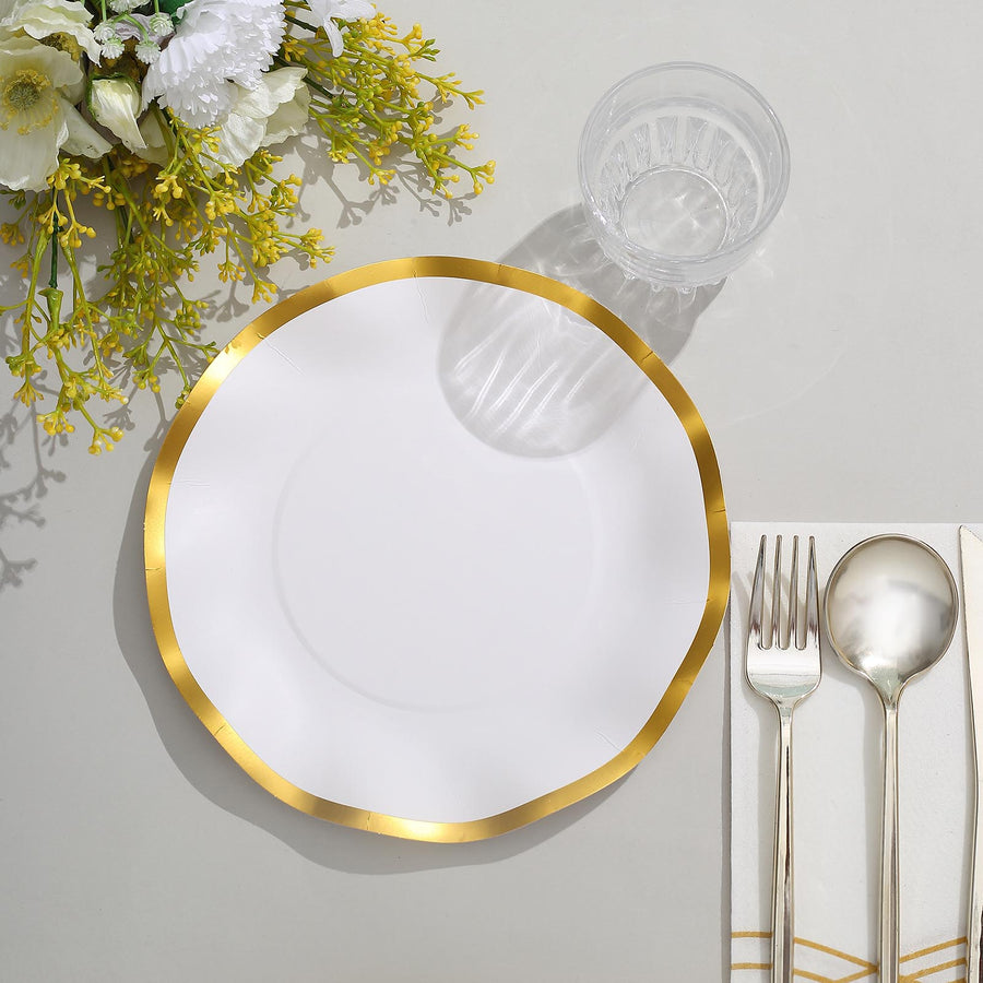 25 Pack | 8inch Matte White / Gold Wavy Rim Disposable Salad Plates, Appetizer Dessert Party Plates