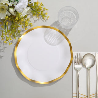 Elegant Matte White and Gold Wavy Rim Disposable Salad Plates
