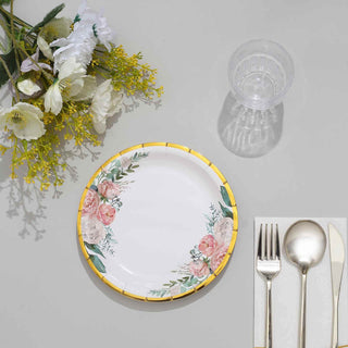 White Elegant Floral Design Gold Rim Paper Salad Plates White Elegant Floral Design Gold Rim Paper Salad Plates