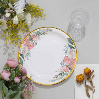 White Elegant Floral Design Gold Rim Party Paper Plates - Set of 25