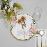 25 Pack | 9inch White Elegant Floral Design Gold Rim Party Paper Plates