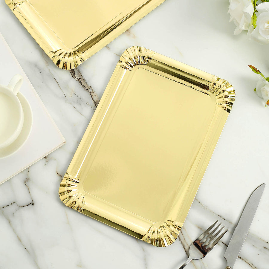 10 Pack | Metallic Gold 9inch Paper Cardboard Serving Trays Rectangle Party Platters Scalloped Rim