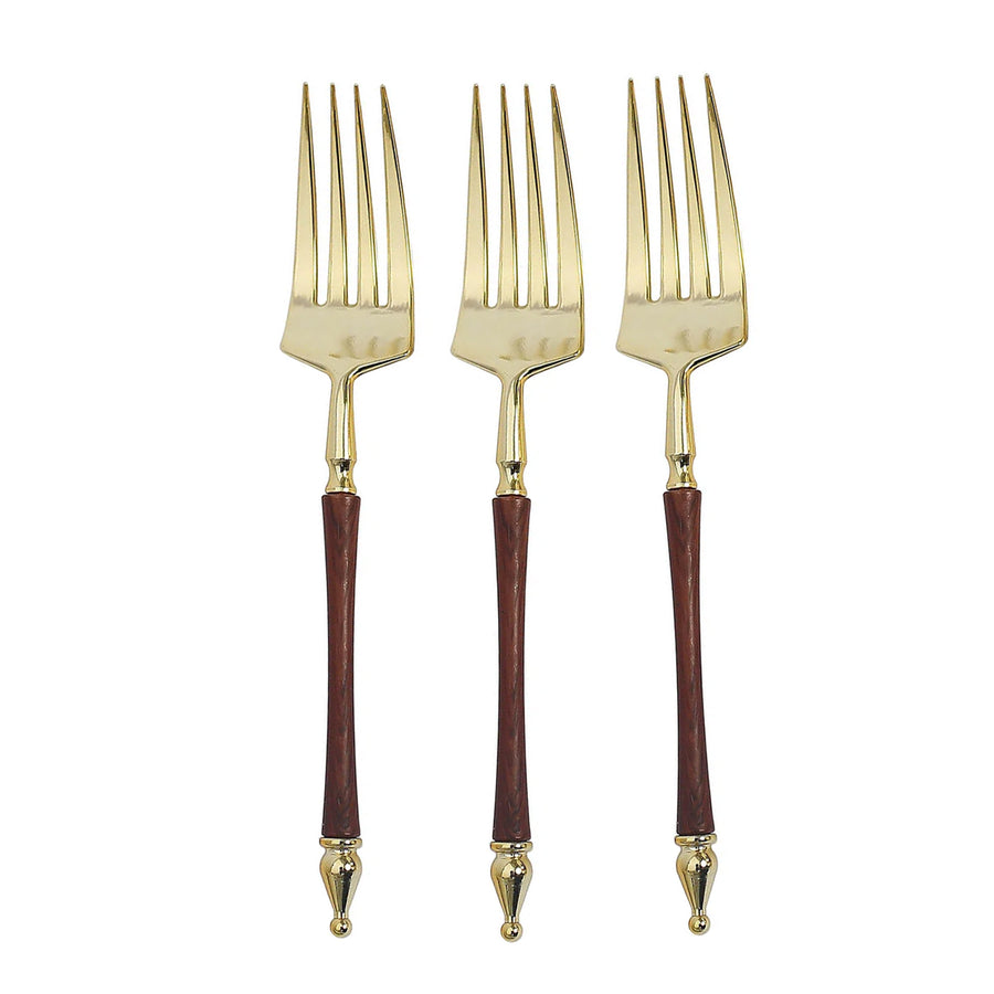 24 Pack | 6inch Gold / Brown Plastic Dessert Forks With Roman Column Handle#whtbkgd