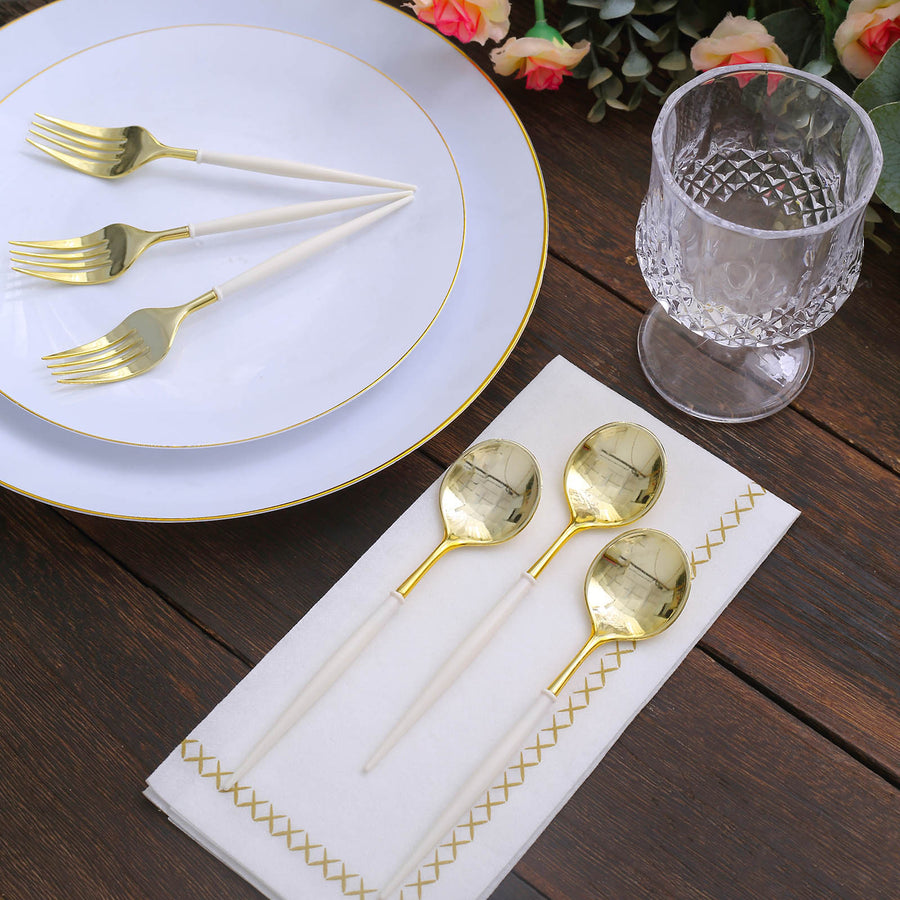 24 Pack | 6inch Gold / Ivory Premium Disposable Fork / Spoon Silverware Set