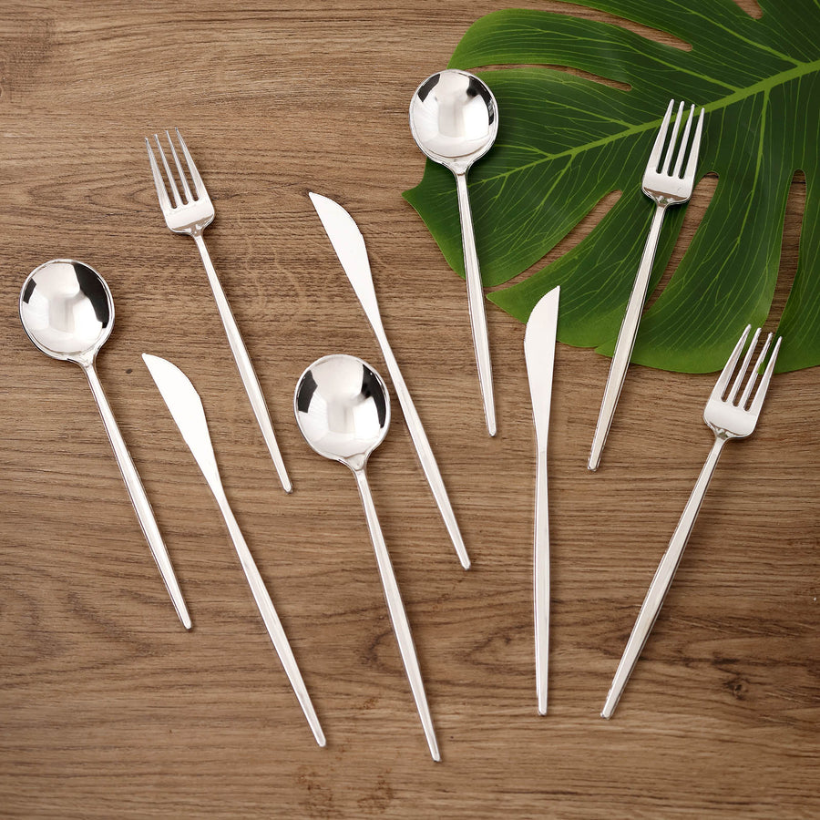 24 Pack Silver Sleek Modern Plastic Silverware Set, Premium Disposable Knife, Spoon & Fork Set 8inch