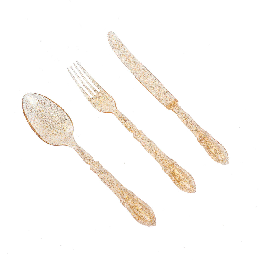 24 Pack | Clear Gold Glittered Heavy Duty Plastic Silverware Set, Disposable Utensils